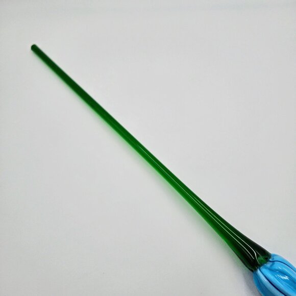 Art Glass Hand Blown Flower Blue Long Green Stem Flower With Leaf Stem Read - Picture 8 of 16
